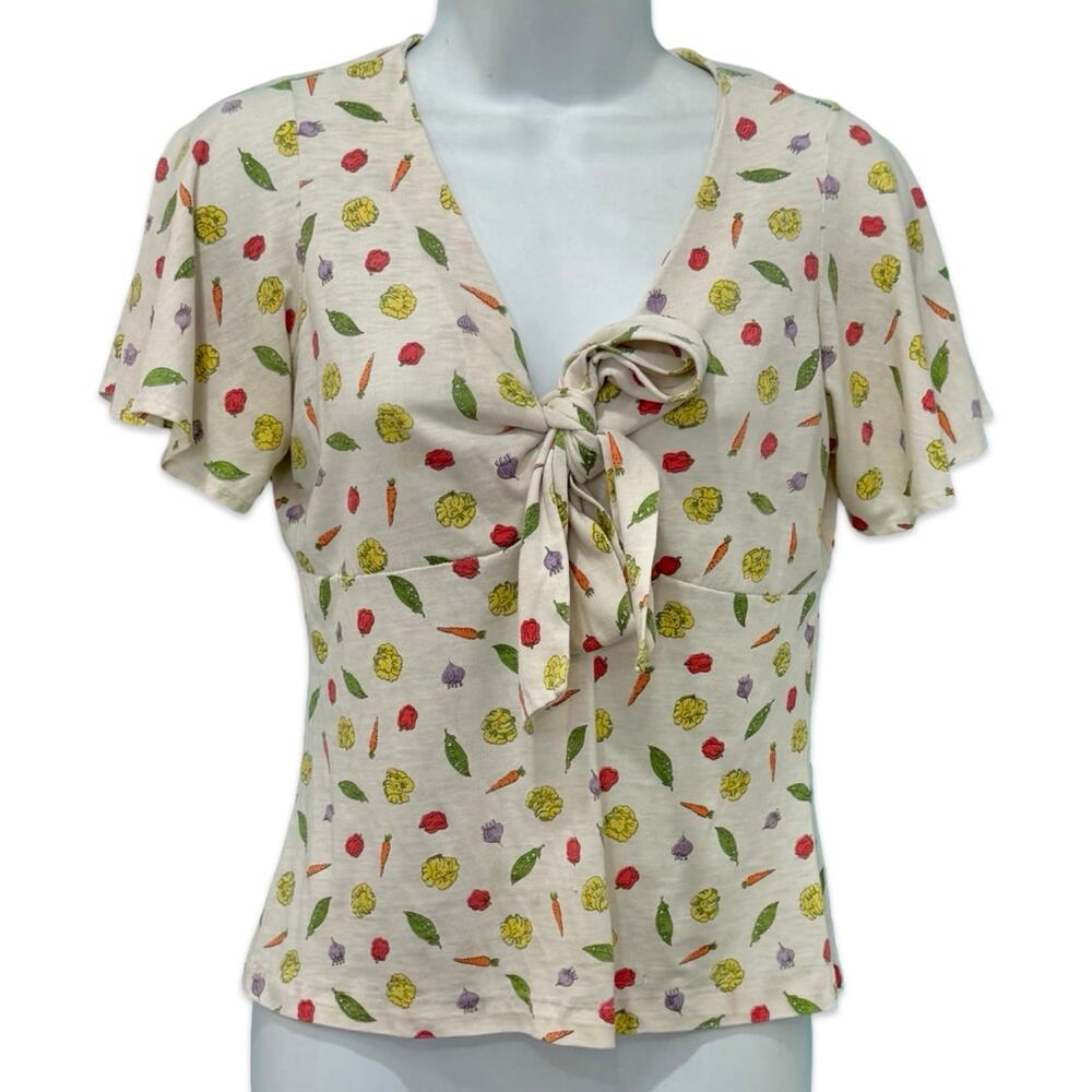 Vintage Tie Front Ivory Vegetable Print Carrot Tomato Peas Lettuce Tee size S - Picture 2 of 10